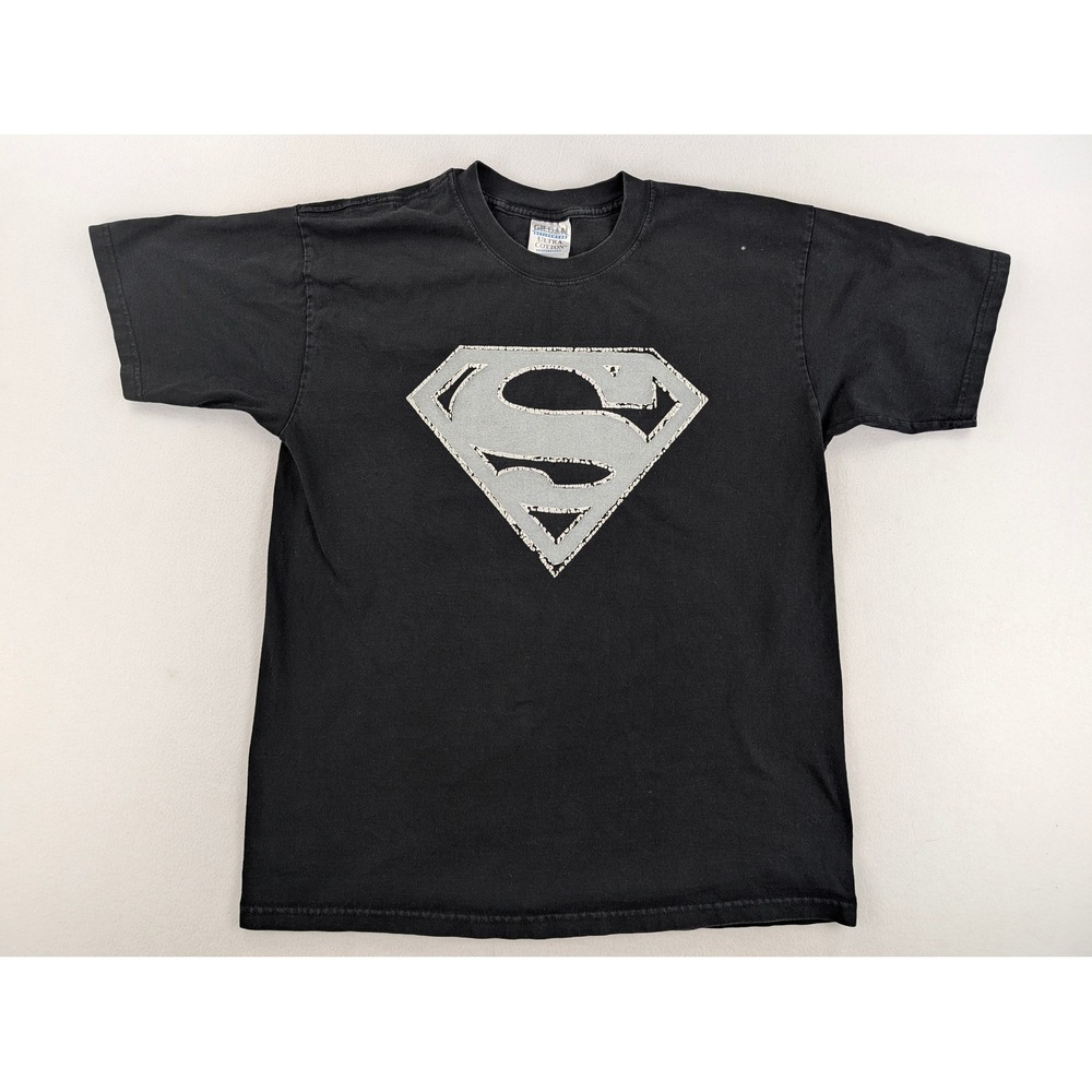 Gildan Superman Graphic T-Shirt Mens Large Black Cotton Distressed Logo
